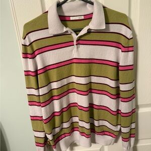 Long Sleeve Sweater Polo with Green and Pink Stripes with a white collar